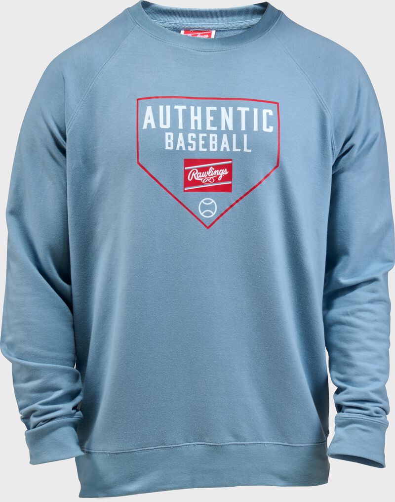 Front of a light blue Rawlings Authentic Baseball crew neck sweatshirt loading=