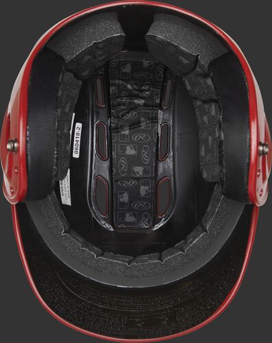 Inside of a scarlet R1601 Velo batting helmet with black foam padding