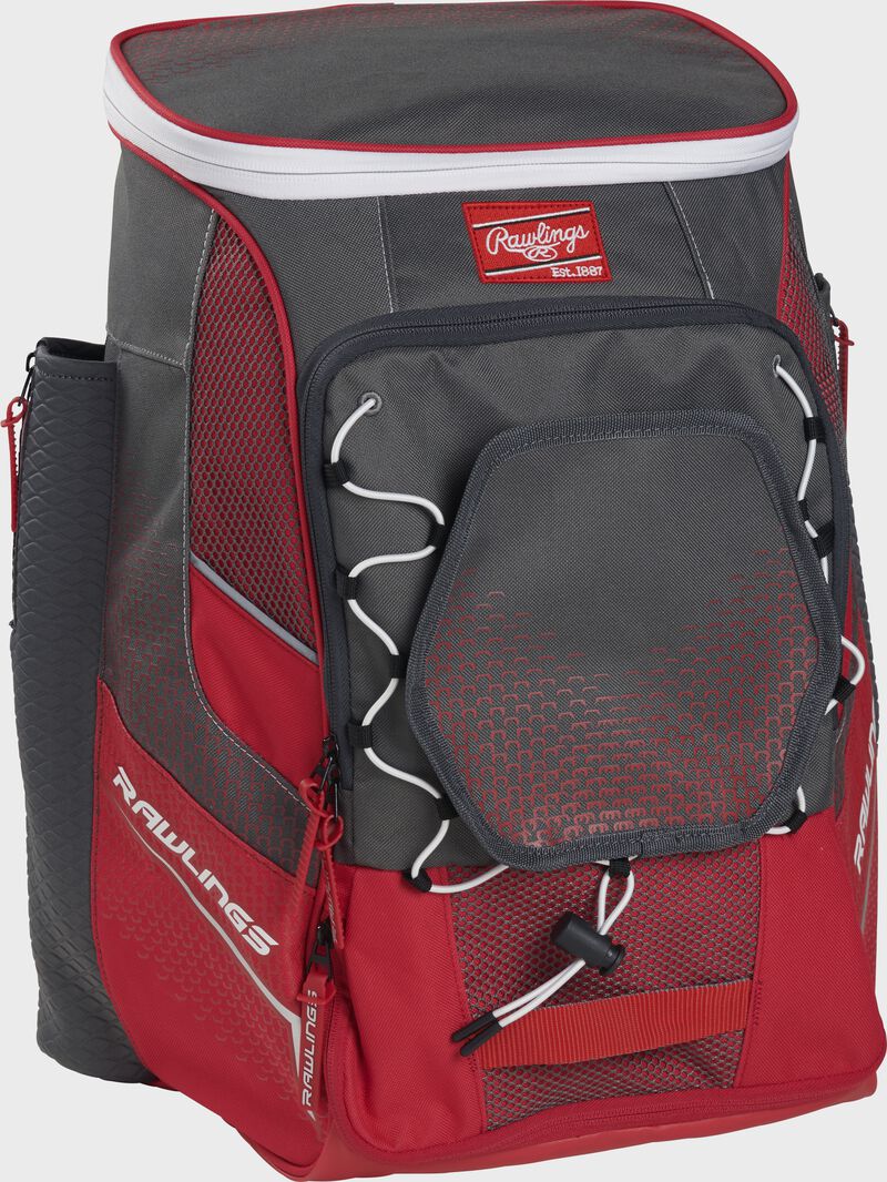 Front left angle of a scarlet Rawlings Impulse bag with gray accents - SKU: IMPLSE-S