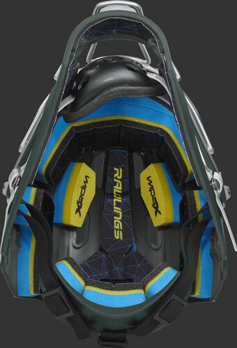 Inside IMPAX foam padding of a dark green CHMCHS Rawlings catcher's helmet