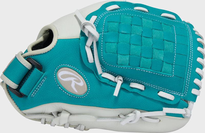 Thumb of a white/teal Shut Out 11.5-inch Fastpitch Softball Glove