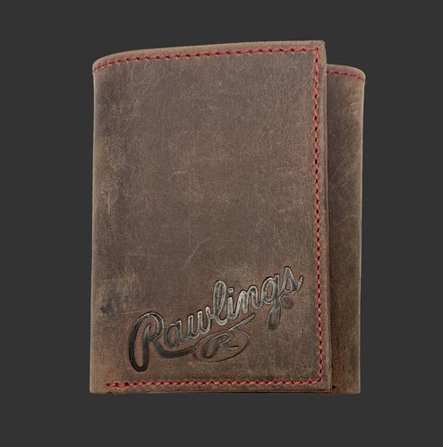 A brown high grade debossed tri-fold wallet with the Rawlings script logo debossed on the bottom right corner - SKU: RPW005-200