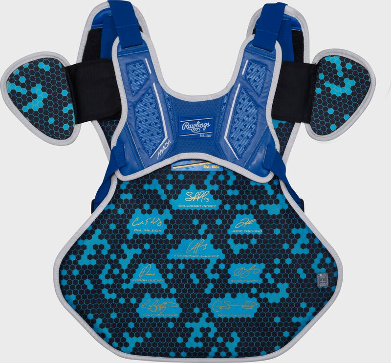 Back of a royal Rawlings Mach Pro Series chest protector loading=