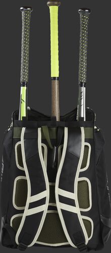Back of a camo Rawlings Legion baseball bag with 3 bats in the bat storage sleeve - SKU: LEGION-CAMO