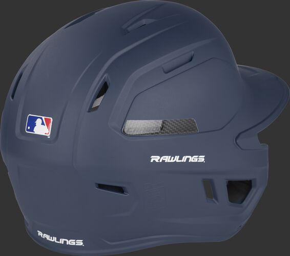 Back right of a matte navy CAR07A Rawlings adult high performance batting helmet with air vents on the back
