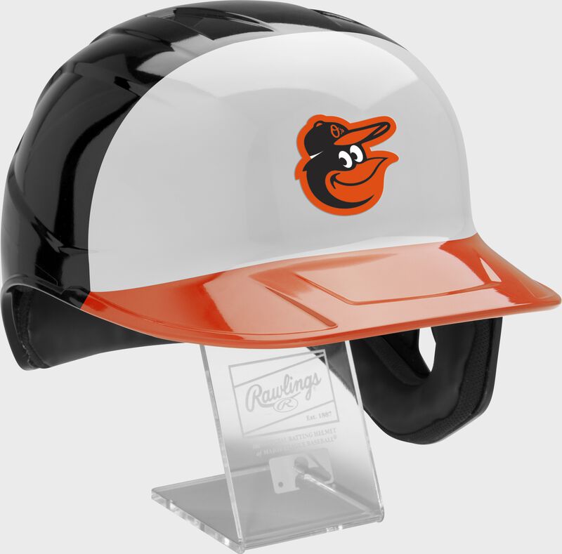 Front right of a MLB Baltimore Orioles replica helmet - SKU: MLBMR-BAL