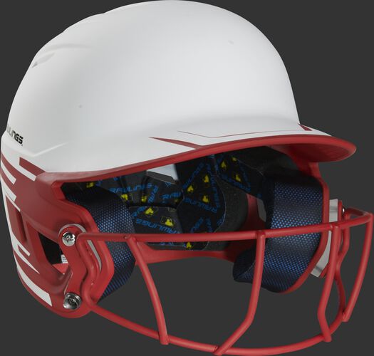 Front right of a Rawlings Mach fastpitch batting helmet with a scarlet mask - SKU: MSB13S-W/S
