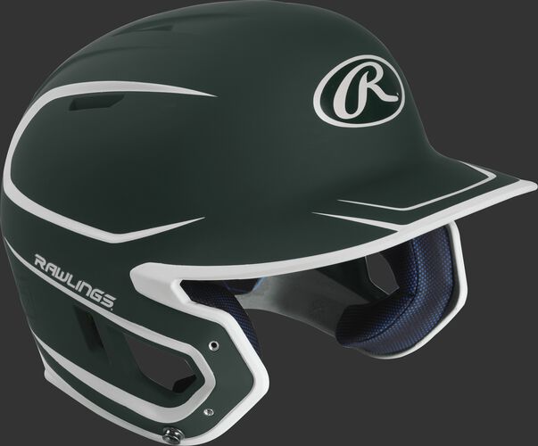Right angle view of a matte MACH Senior batting helmet with a dark green/white shell