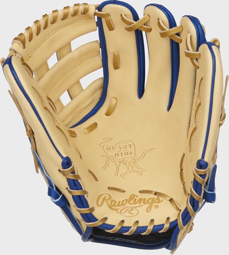 Camel palm of a Rawlings Heart of the Hide ColorSync 5.0 infield glove with gold stamping and gold laces - SKU: PRO205-6CRG