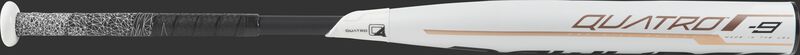 Barrel of a white FP9Q9 Rawlings 2019 Quatro softball bat with rose gold accents and black handle