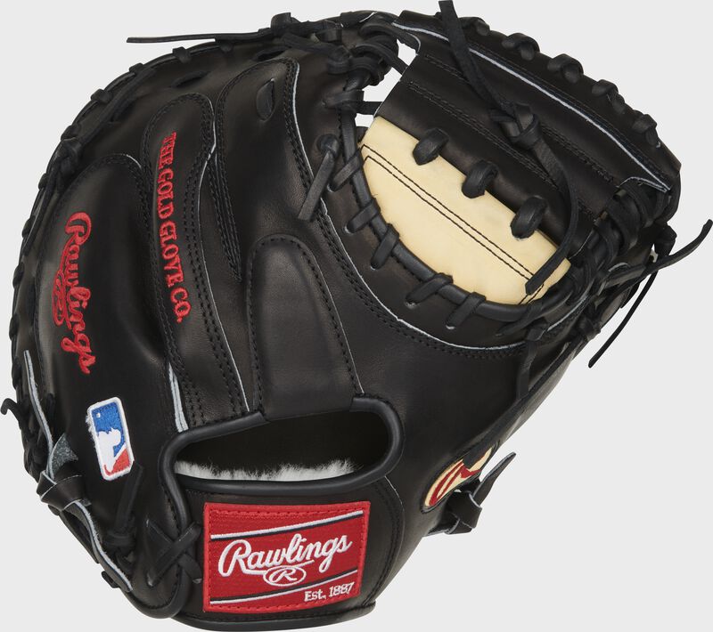 Black back of a Pro Preferred J.T. Realmuto catcher's mitt with a red Rawlings patch - SKU: PROSCM43JR10