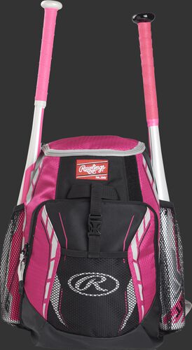 A pink R400 youth players team backpack with a bat in each of the side compartments