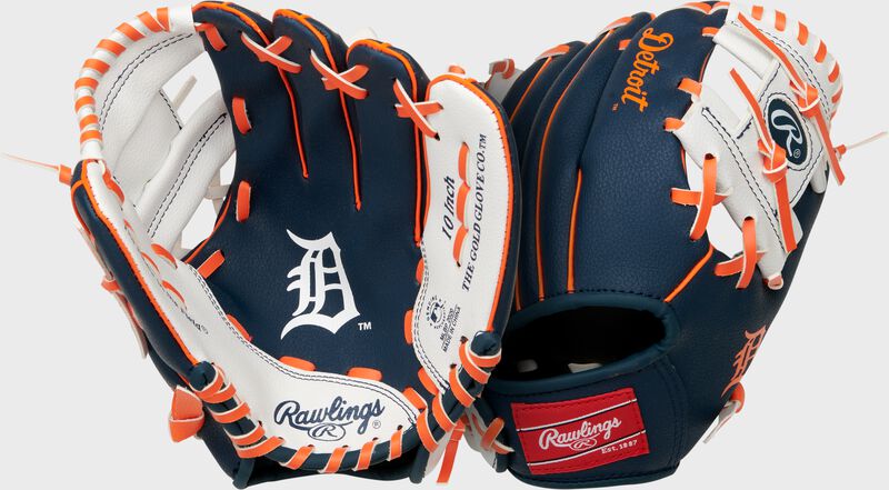 Two images showing the palm & back of a navy Detroit Tigers team logo youth glove