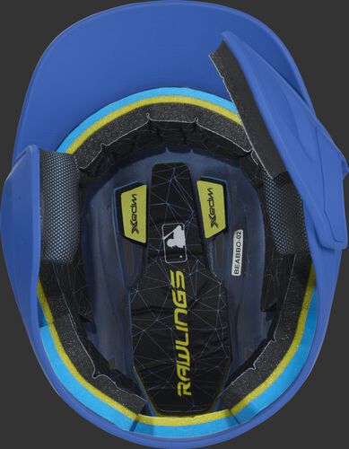 Inside of a MACHEXTR Rawlings MACH baseball helmet with IMPAX durable foam padding