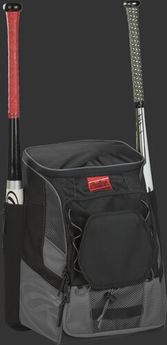 Front right of a gray/black R600 Rawlings players bag with two bats and Oval R printed on the bottom panel