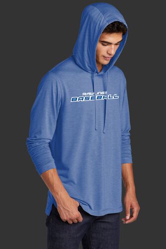 A man wearing a royal Rawlings performance hoodie with the hood up over his head - SKU: RSGLH-R