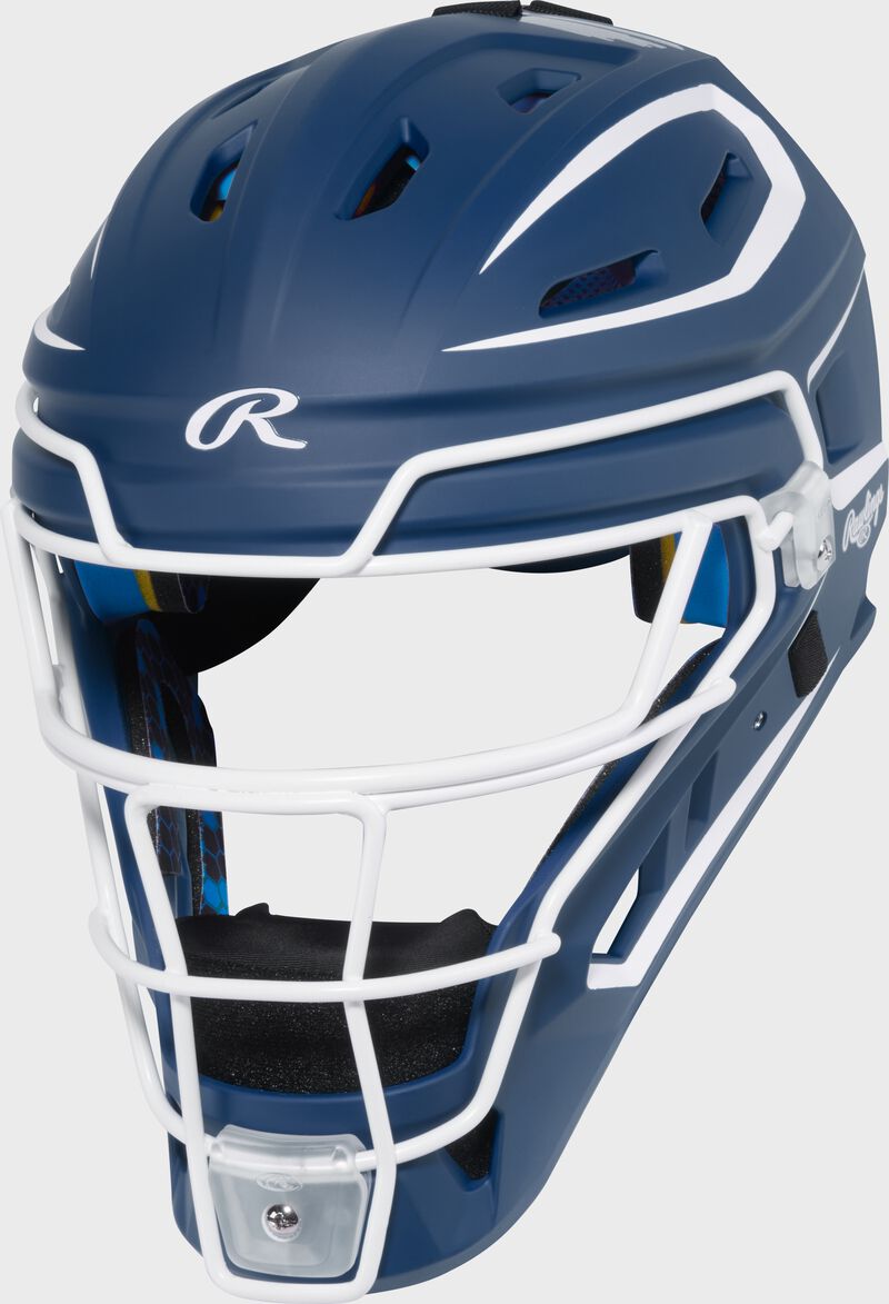 Front left of a navy Rawlings Mach Pro Series catcher's helmet loading=