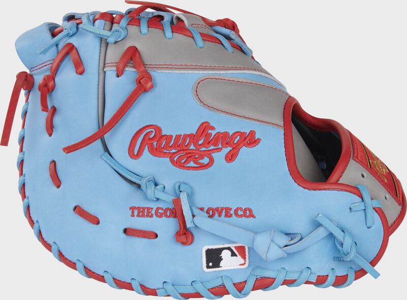 Columbia blue back of a Rawlings HOH R2G first base mitt with the MLB logo on the pinky - SKU: PRORDCTGCB
