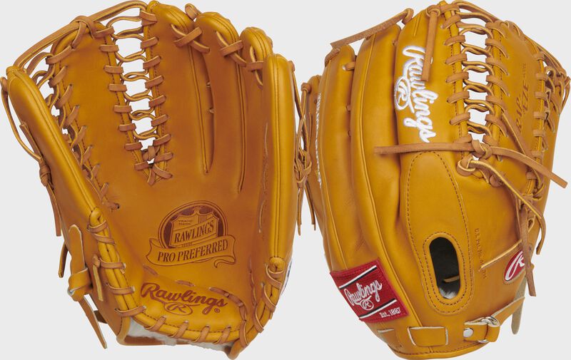 Back & palm view of a rich tan Pro Preferred 12.75-Inch Trap-Eze web outfield glove - SKU: PROSMT27RT