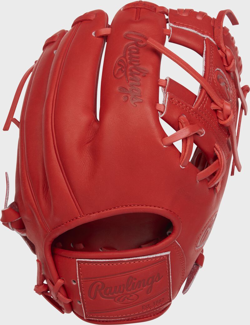 Back of a scarlet Heart of the Hide 11.5" I-web glove with a scarlet leather Rawlings patch - SKU: PRO204-2S