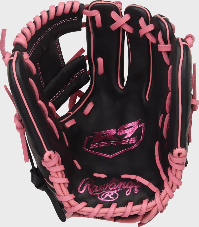 Black palm of a Rawlings R9 Series 11.5-Inch Infield Glove with pink stamping and laces loading=
