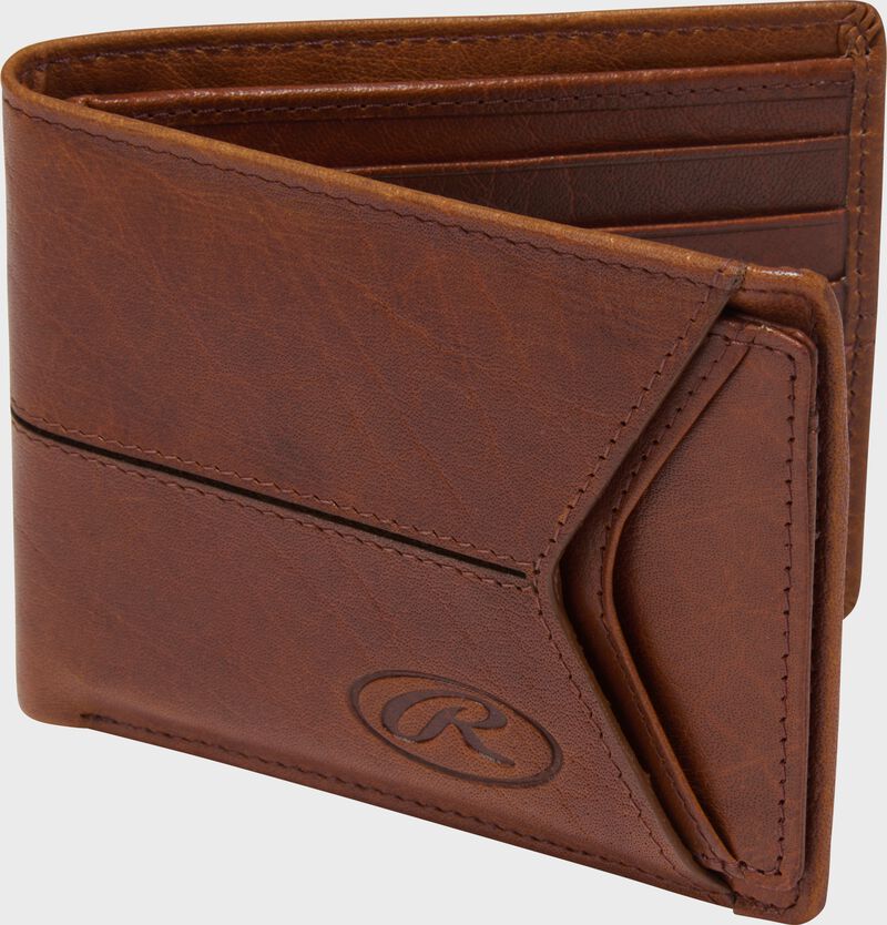 Extra panel of a tan Rawlings Home Run bi-fold wallet