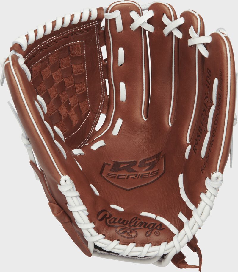 R9SB125FS-3DB Rawlings 12.5-inch softball glove with a brown palm and white laces loading=