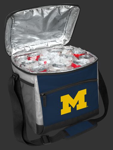 An open Michigan Wolverines 24 can cooler filled with ice and drinks - SKU: 10223083111