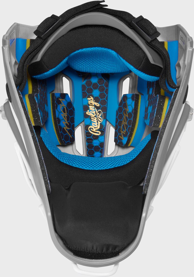 Inside padding of a graphite Rawlings Mach Pro Series catcher's helmet loading=