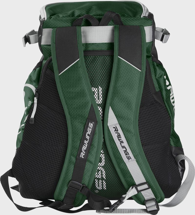 Back of a dark green VELOBK Rawlings Velo backpack with dark green shoulder straps