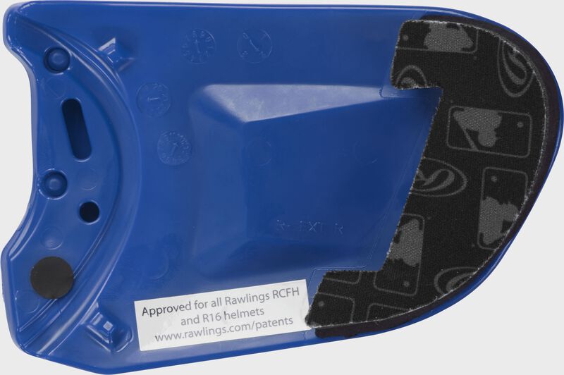 Padding on a royal REXT Rawlings R-EXT right handed universal batting helmet face guard extension | SKU:REXTR-R0 loading=