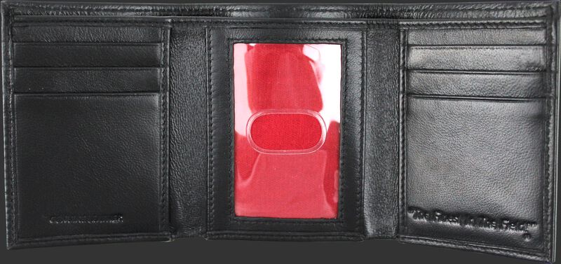 Inside of a black MW478-001 Rawlings tri-fold wallet with multiple credit card slots and clear ID window in the middle