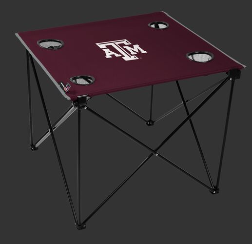 A maroon NCAA Texas A&M Aggies deluxe tailgate table with four cup holders and team logo printed in the middle SKU #00713061111