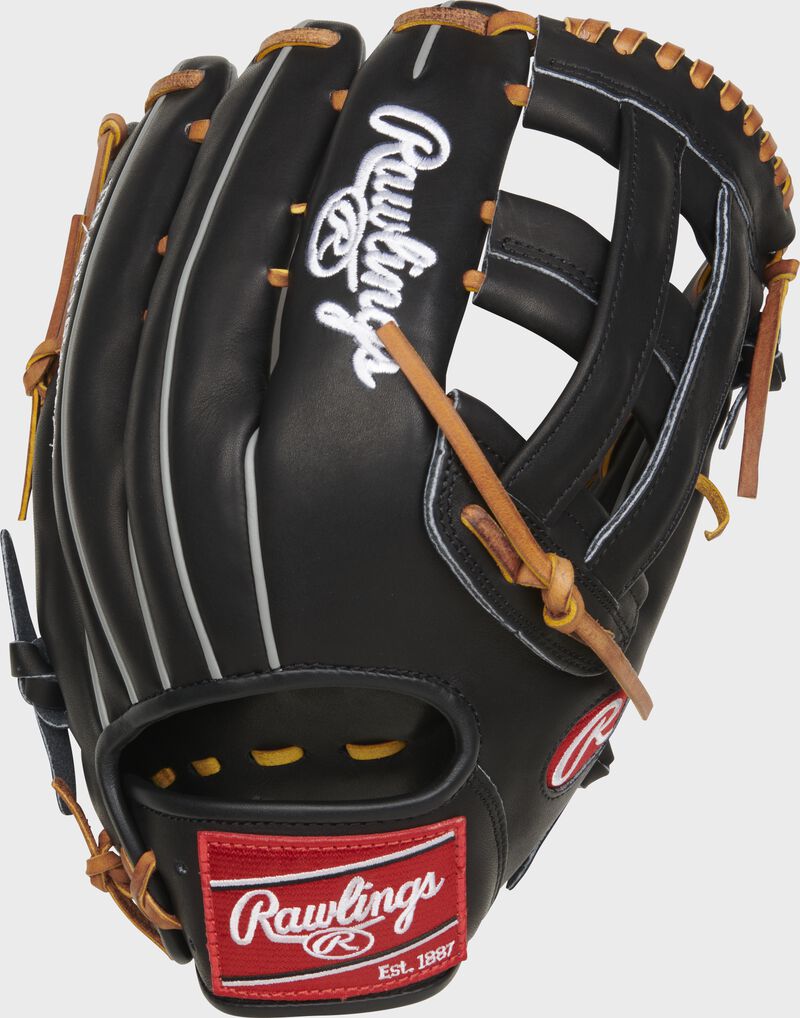 Back of a black Heart of the Hide 12.75" H-web outfield glove with a red Rawlings patch - SKU: PROT3029C-6B