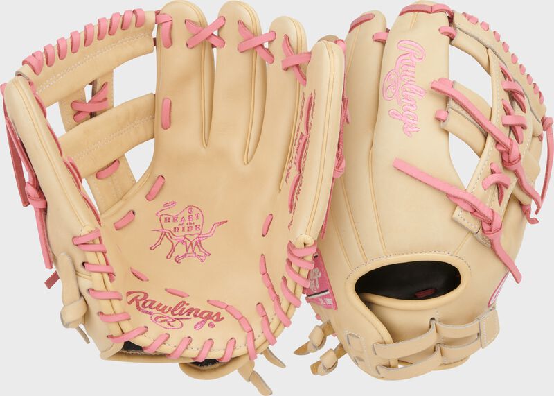 Two images showing the palm & back of a Heart of the Hide 12-inch Fastpitch Softball Glove loading=