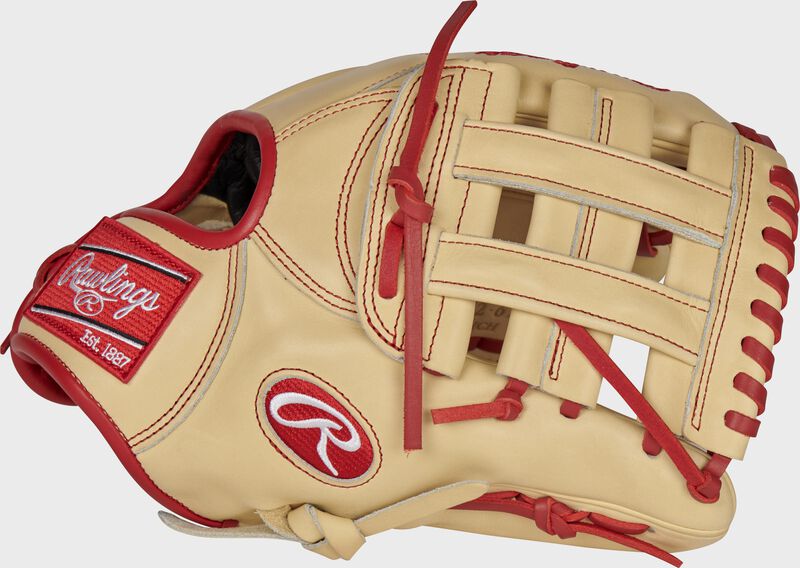 Web back view of camel and red 2021 Xander Bogaerts Pro Preferred infield glove