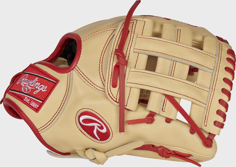 Web back view of camel and red 2021 Xander Bogaerts Pro Preferred infield glove loading=