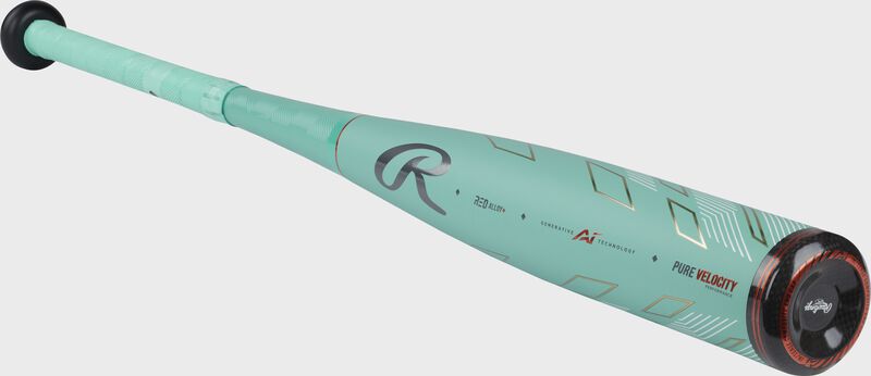 Front angle of a mint Rawlings Mach AI -8 USSSA bat with a black end cap - SKU: RUT4MC