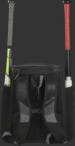 Back of a gray/black R600 Rawlings baseball backpack with two bats