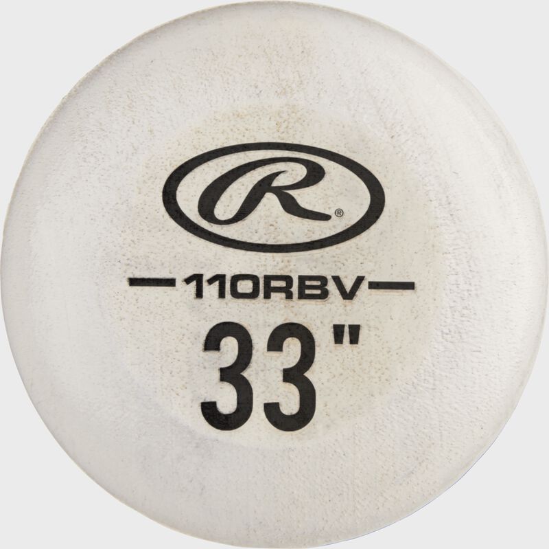White knob of a 110RBV Rawlings Velo birch bat