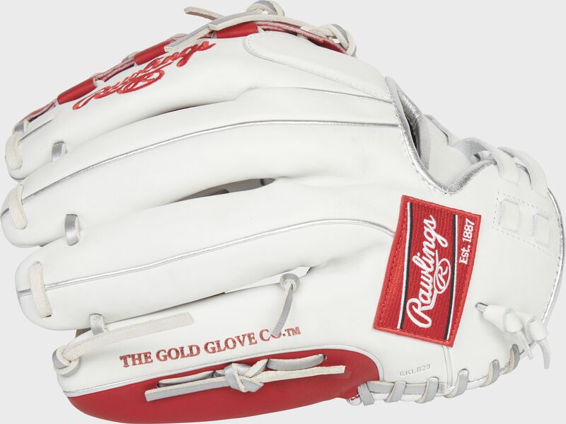 Back of a white Liberty Advanced Color Series 12.5-Inch fastpitch glove with a red Rawlings patch - SKU: RLA125-18WSP