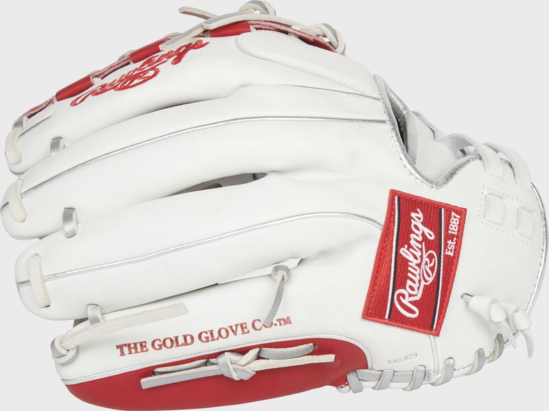 Back of a white Liberty Advanced Color Series 12.5-Inch fastpitch glove with a red Rawlings patch - SKU: RLA125-18WSP loading=