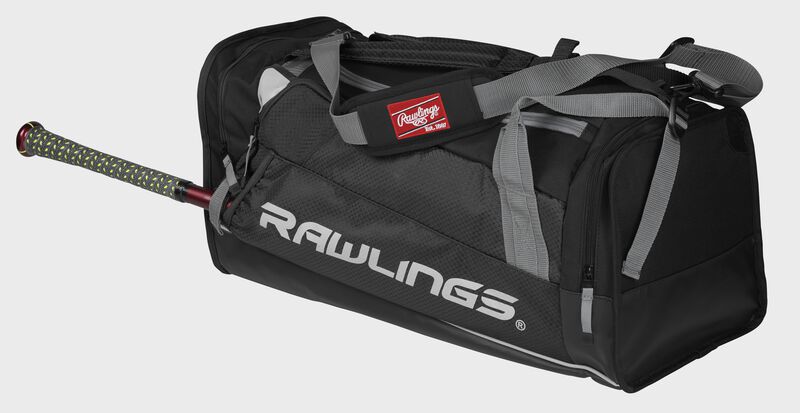 Duffel bag view of Hybrid Backpack/Duffel Players Bag with Rawlings patch and baseball bats- SKU: R601 loading=