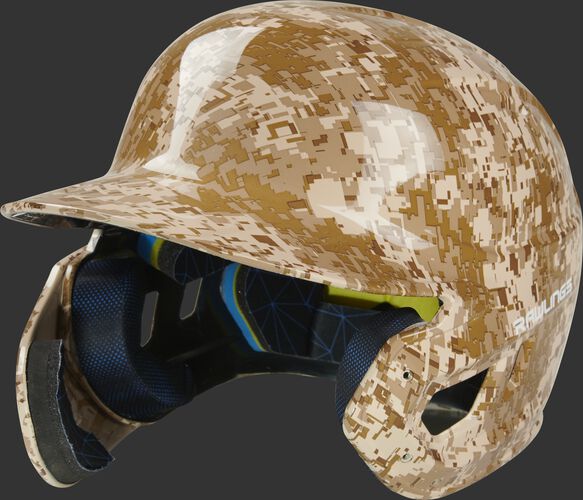 Front left of a MACHEXTL-DCMO digi camo hydro dipped Mach EXT helmet for left hand batters