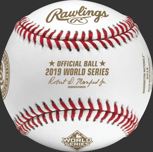 The official ball stamp on a WSBB19CHMP 2019 Washington Nationals World Series Champions baseball