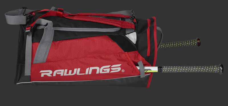 Side view of a scarlet R601 Hybrid backpack with a bat in the side sleeve