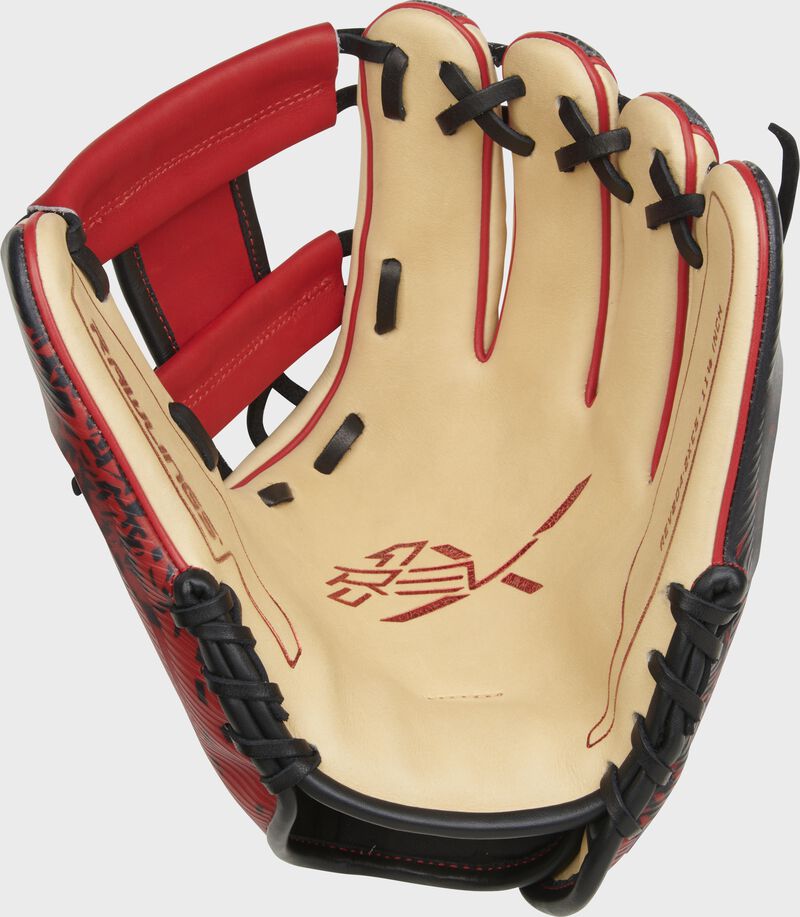 Camel palm of a Rawlings REV1X infield glove with black laces and scarlet palm stamping - SKU: REV204-2XCS