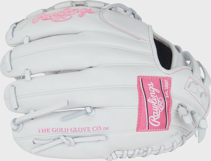 Finger backs of a white/pink Liberty Advanced 11.5-inch Fastpitch Softball Glove