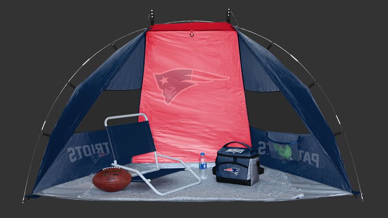 Back of a New England Patriots sun shelter set up on a field with a Patriots logo in the middle - SKU: 00961076111