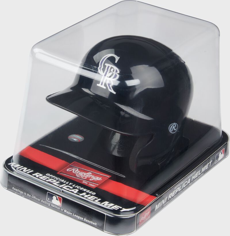 A Rockies mini helmet in a clear display package loading=